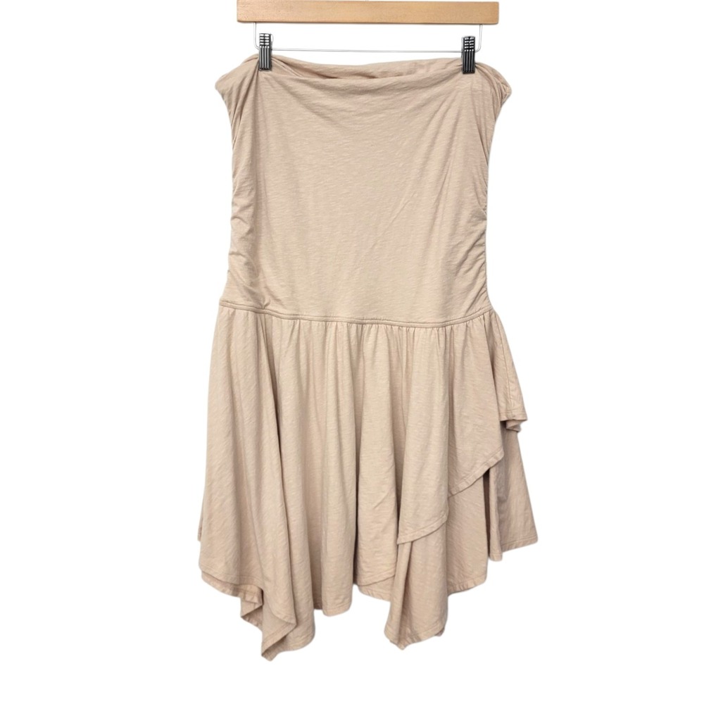 Aerie Strapless Handkerchief Mini Dress Size XL Beige Cotton Beach Asymmetrical - Picture 5 of 10